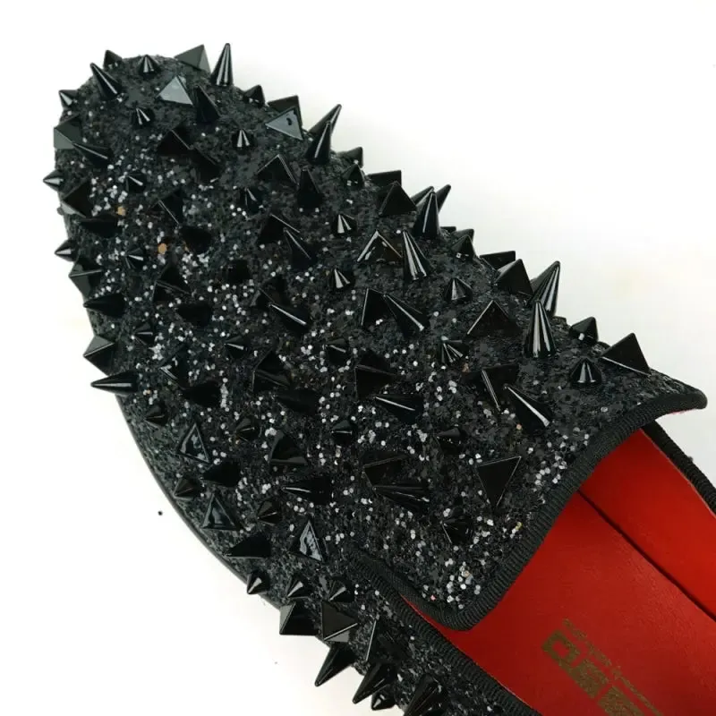 Fiesso FI-7517 Black Glitter Black Spikes Slip on Loafers