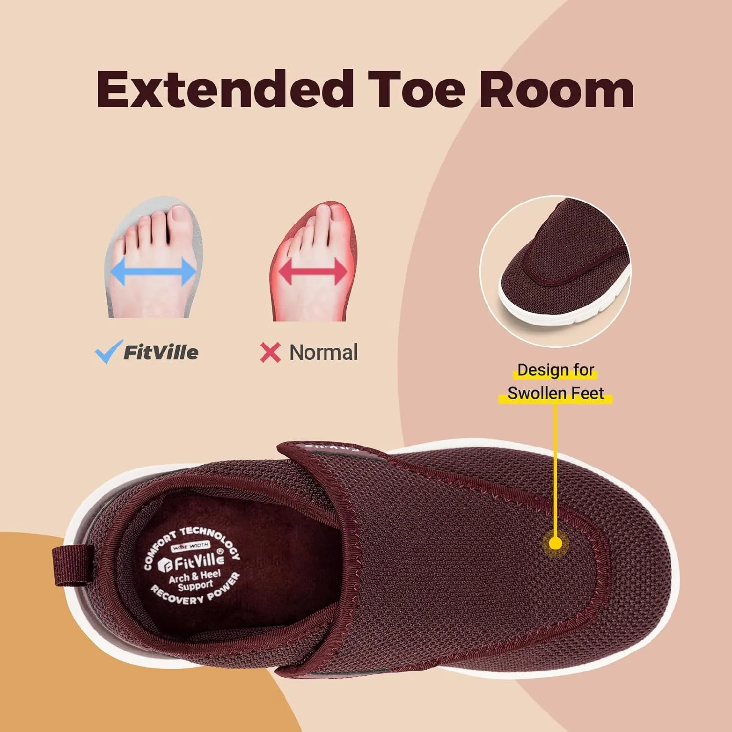 FitVille Diabetic Shoes for Women Extra Wide Width Walking Shoes Slip-On Orthopedic Shoes for Swollen Feet Foot Pain Relief - EasyTop Wings V2