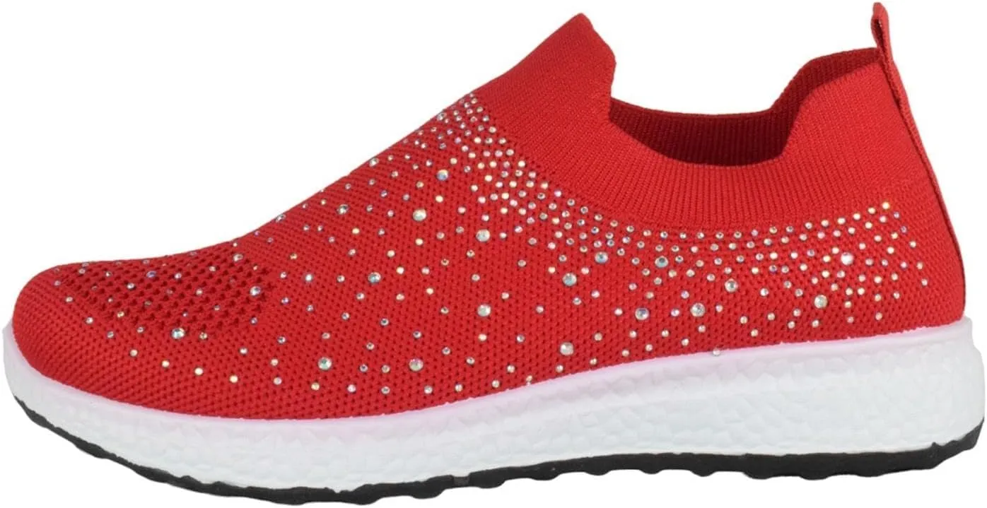 Flat Women Slip-On Sneakers Comfortable Sport Walking Running Shoes Rhinestone Bling Studs Elastic Breathable Knit Anti-Slip Resistant Labor-8