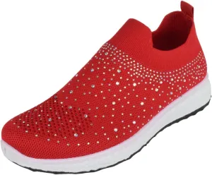 Flat Women Slip-On Sneakers Comfortable Sport Walking Running Shoes Rhinestone Bling Studs Elastic Breathable Knit Anti-Slip Resistant Labor-8