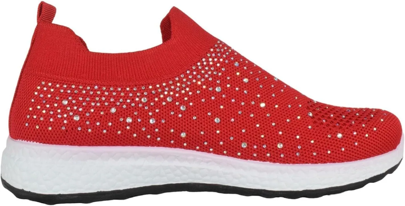 Flat Women Slip-On Sneakers Comfortable Sport Walking Running Shoes Rhinestone Bling Studs Elastic Breathable Knit Anti-Slip Resistant Labor-8