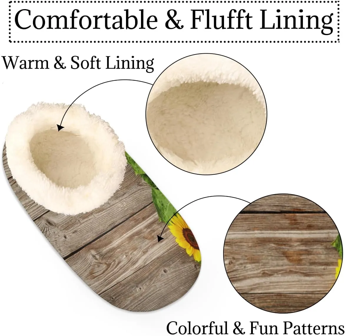 Flower Sunflower Slippers for Women，Rustic Wooden Soft Cozy Warm Fuzzy Memory Foam House Slippers， Non Slip Closed Back Winter Comfy Plush Ladies House Shoes for Indoor Bedroom