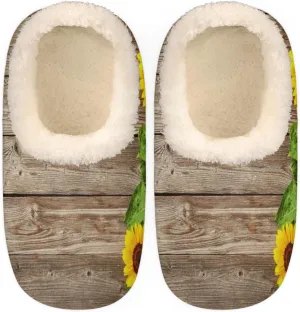 Flower Sunflower Slippers for Women，Rustic Wooden Soft Cozy Warm Fuzzy Memory Foam House Slippers， Non Slip Closed Back Winter Comfy Plush Ladies House Shoes for Indoor Bedroom