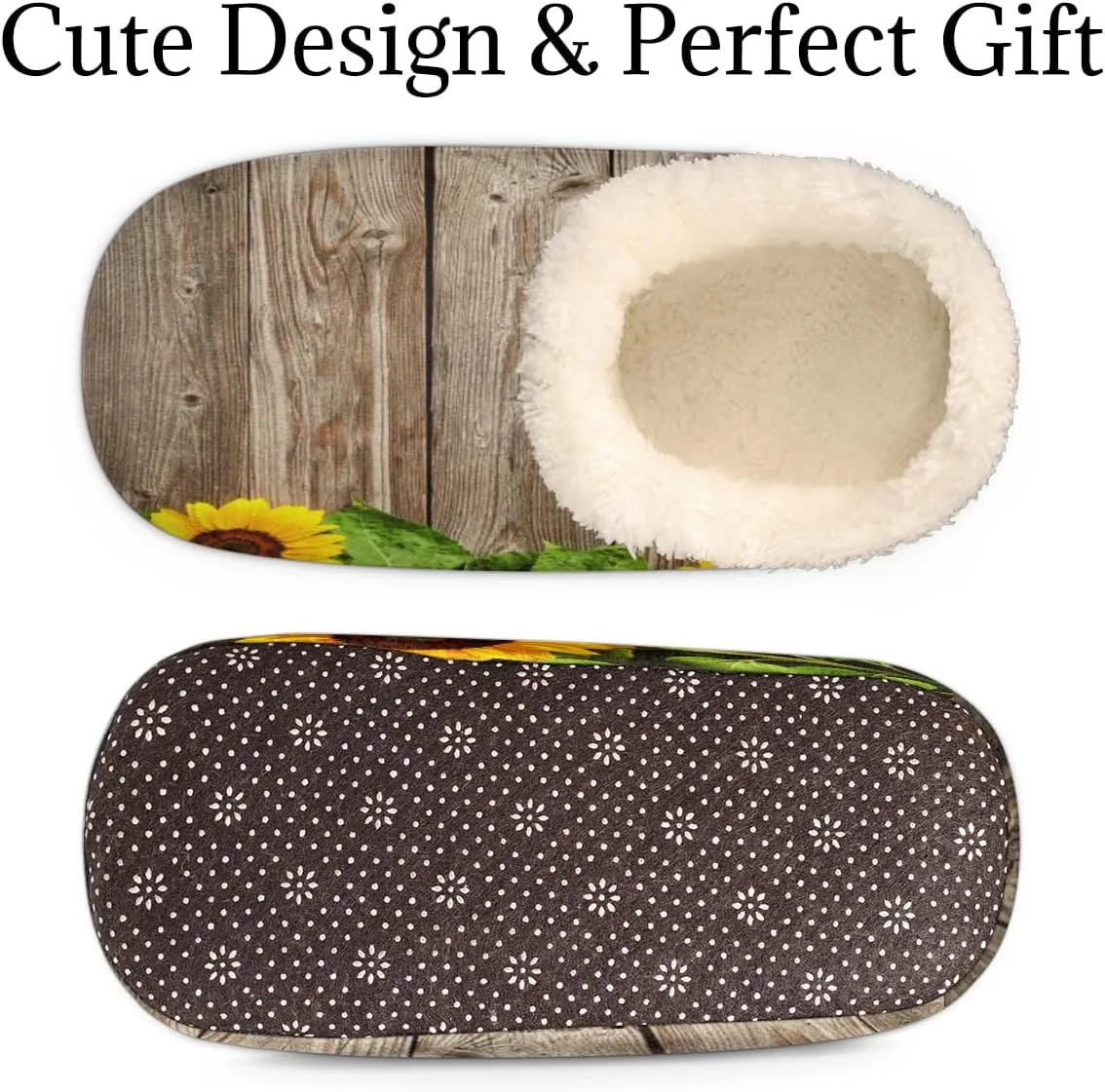 Flower Sunflower Slippers for Women，Rustic Wooden Soft Cozy Warm Fuzzy Memory Foam House Slippers， Non Slip Closed Back Winter Comfy Plush Ladies House Shoes for Indoor Bedroom