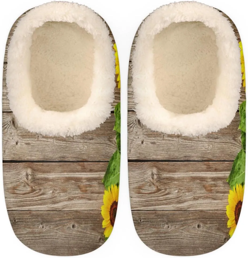 Flower Sunflower Slippers for Women，Rustic Wooden Soft Cozy Warm Fuzzy Memory Foam House Slippers， Non Slip Closed Back Winter Comfy Plush Ladies House Shoes for Indoor Bedroom