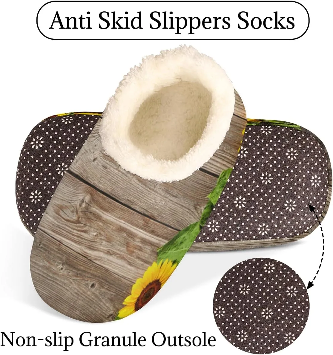 Flower Sunflower Slippers for Women，Rustic Wooden Soft Cozy Warm Fuzzy Memory Foam House Slippers， Non Slip Closed Back Winter Comfy Plush Ladies House Shoes for Indoor Bedroom