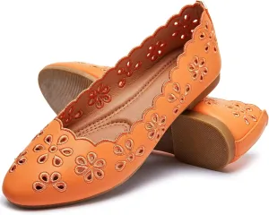 FRACORA Women's Ballet Flats Black PU Leather Dress Shoes Comfortable Round Toe Slip on Flats with Breathable Eyelets