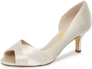 FSJ Women Low Kitten Heels Peep Toe Slip on Pumps D'Orsay Pleated Satin Sandals Evening Party Dress Comfy Office Shoes Size 4-15 US