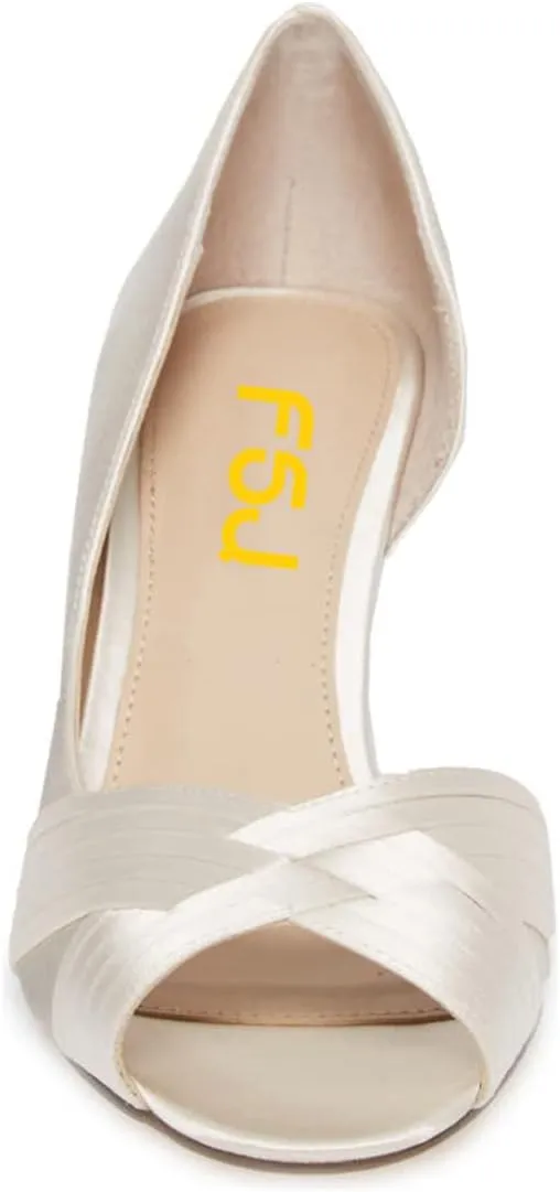 FSJ Women Low Kitten Heels Peep Toe Slip on Pumps D'Orsay Pleated Satin Sandals Evening Party Dress Comfy Office Shoes Size 4-15 US