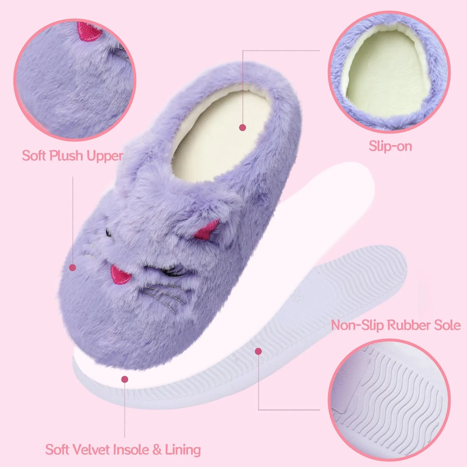 Fuzzy Cat Slippers for Girls, Funny Animal House Shoes with Soft Memory Foam, Comfy Plush Warm Slip-on Slippers