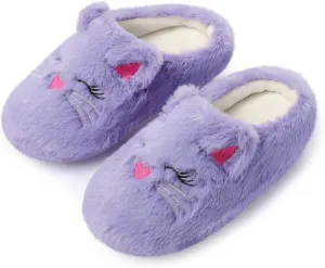 Fuzzy Cat Slippers for Girls, Funny Animal House Shoes with Soft Memory Foam, Comfy Plush Warm Slip-on Slippers