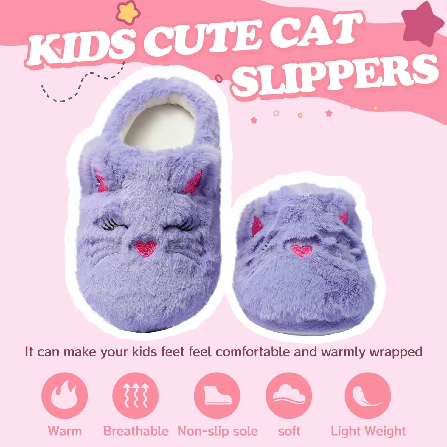 Fuzzy Cat Slippers for Girls, Funny Animal House Shoes with Soft Memory Foam, Comfy Plush Warm Slip-on Slippers