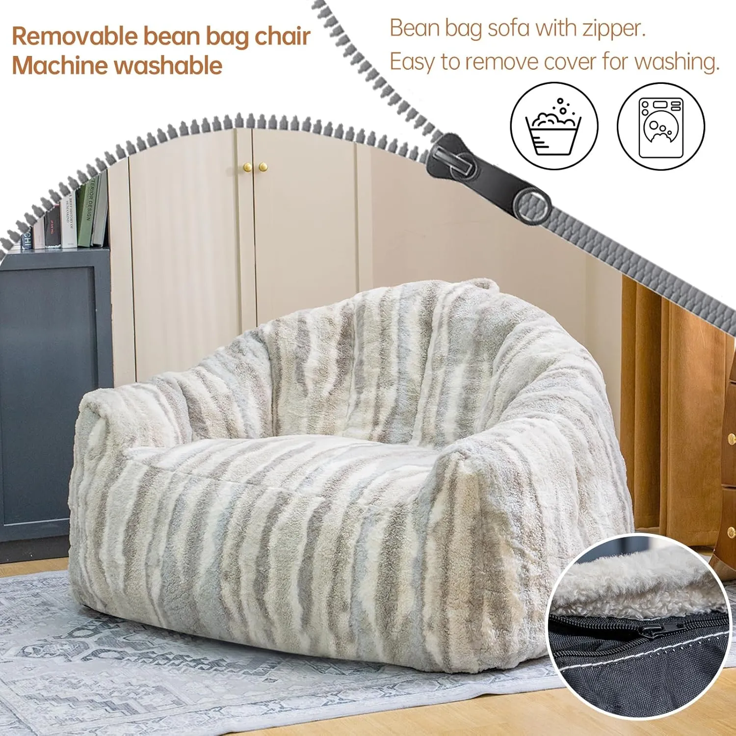 Giant Bean Bag Chair for Adults,Oversized Bean Bag Couch with Filler,Faux Fur Floor Sofa with Handle & Pocket,Accent Sofa Lounge Chair for Gaming, Reading, Grey