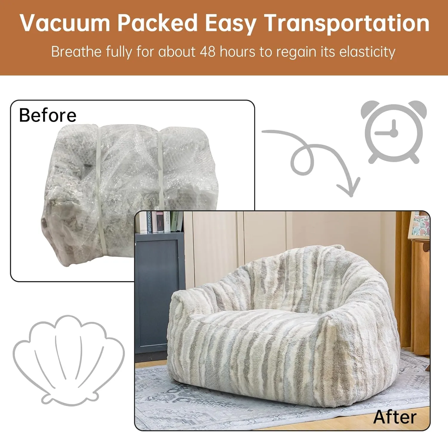 Giant Bean Bag Chair for Adults,Oversized Bean Bag Couch with Filler,Faux Fur Floor Sofa with Handle & Pocket,Accent Sofa Lounge Chair for Gaming, Reading, Grey