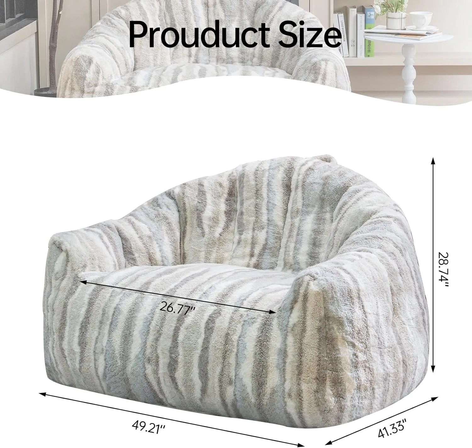 Giant Bean Bag Chair for Adults,Oversized Bean Bag Couch with Filler,Faux Fur Floor Sofa with Handle & Pocket,Accent Sofa Lounge Chair for Gaming, Reading, Grey