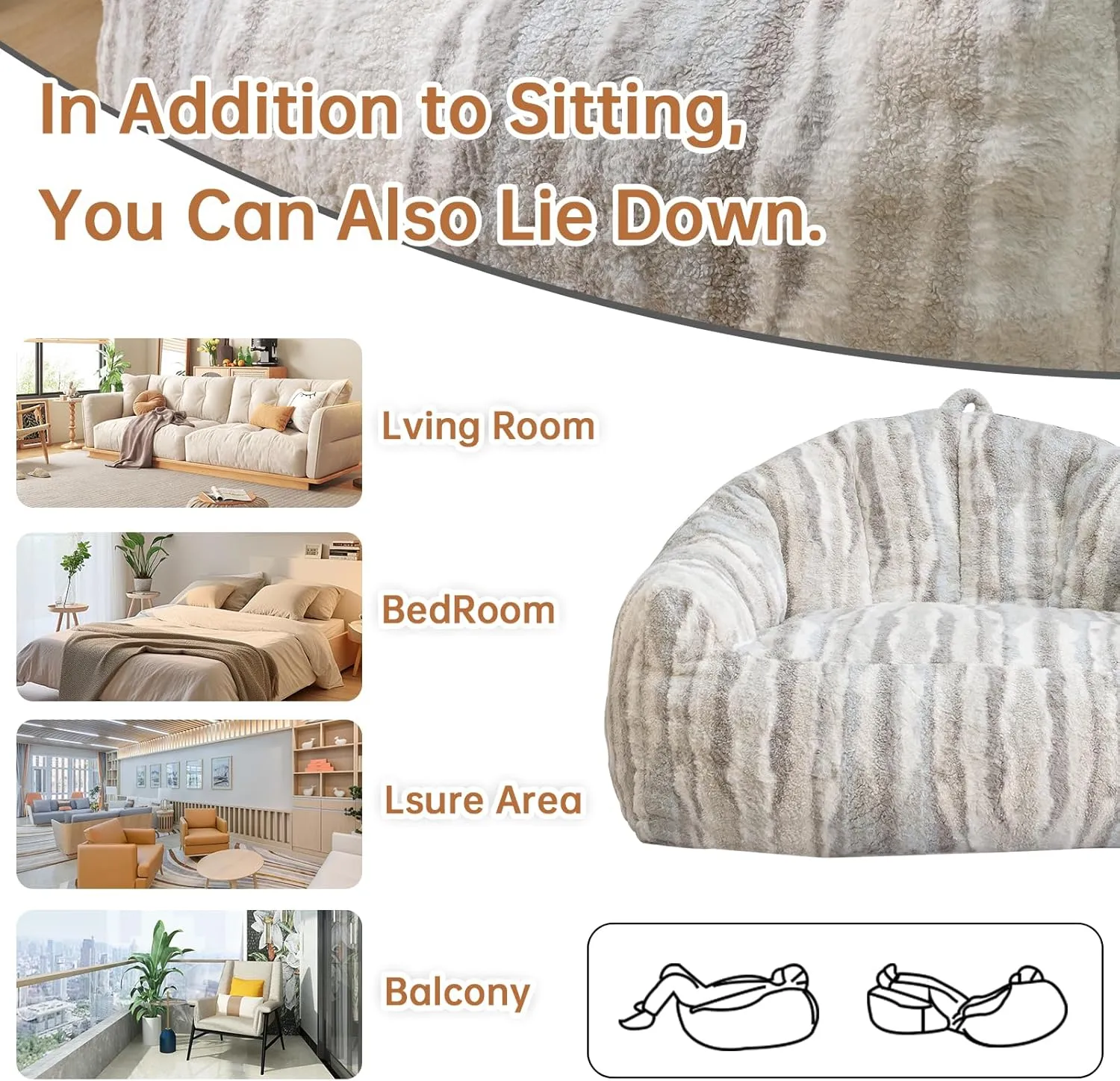 Giant Bean Bag Chair for Adults,Oversized Bean Bag Couch with Filler,Faux Fur Floor Sofa with Handle & Pocket,Accent Sofa Lounge Chair for Gaming, Reading, Grey