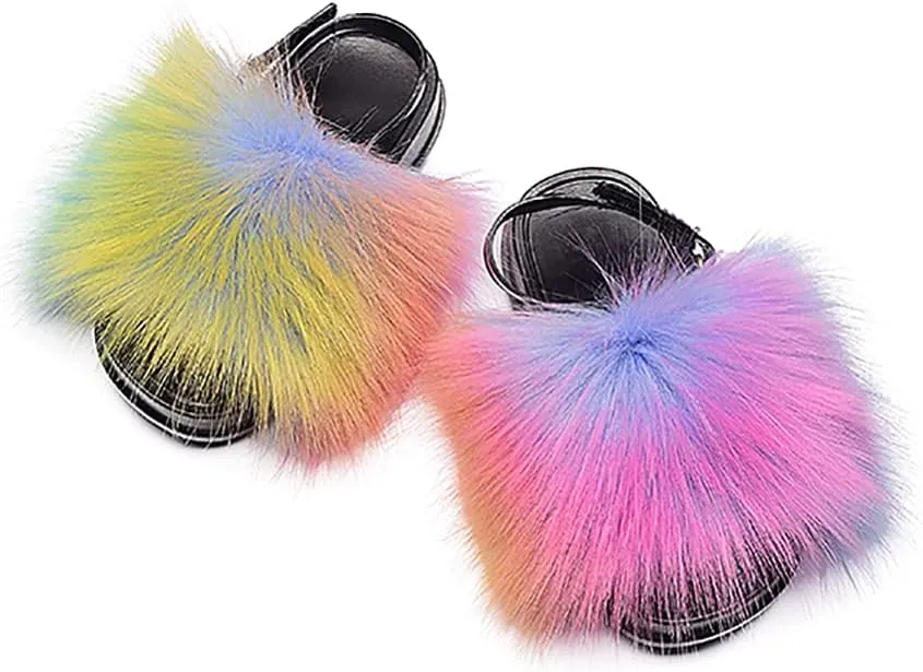 Girls Faux Fur Slides Colorful Toddler Slippers Furry Sandals Shoes with Elastic Back Strap
