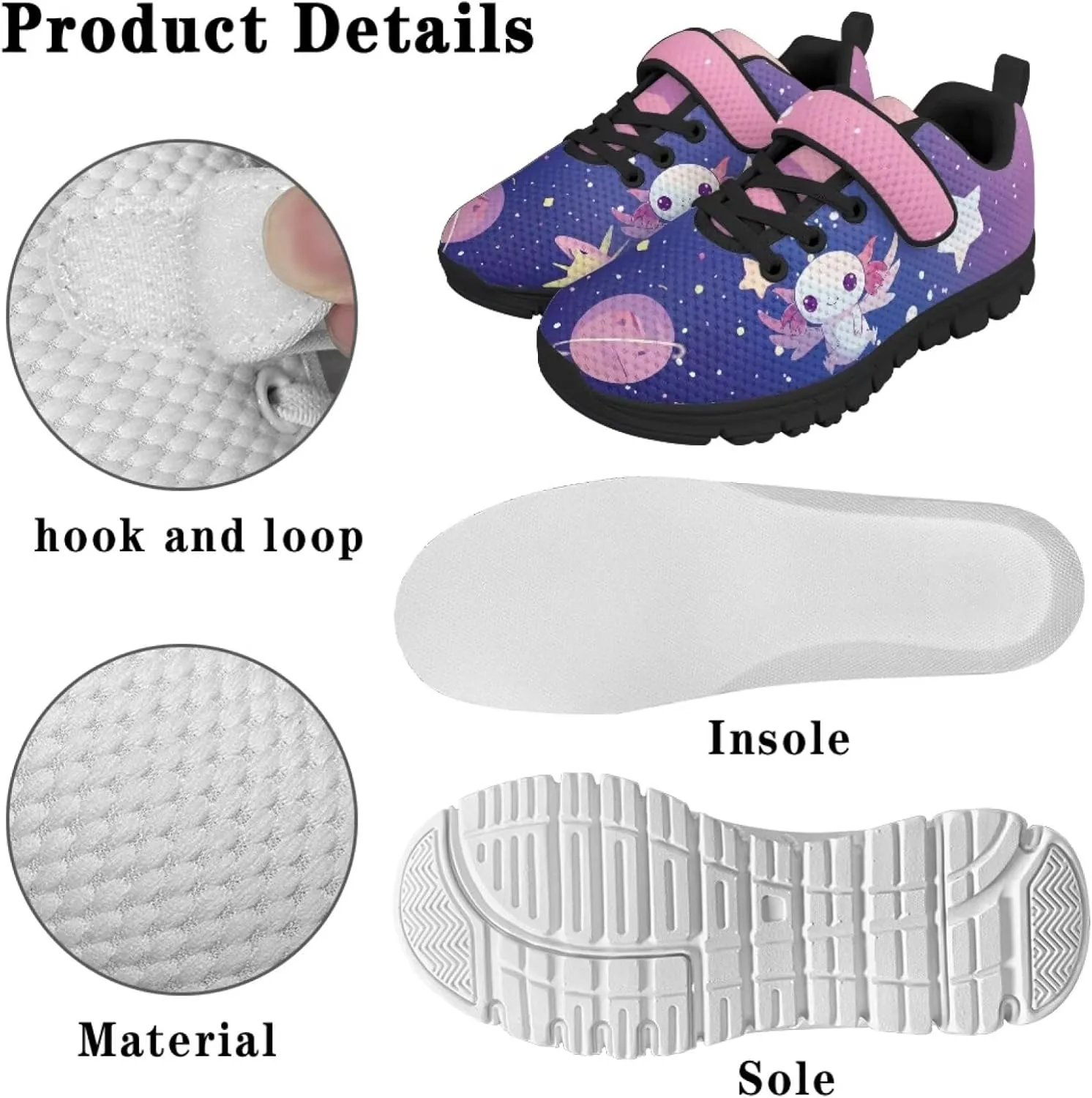 Girls Running Shoes with Hook and Loop Cute Print Kids Tennis Shoes for Outdoor Activities