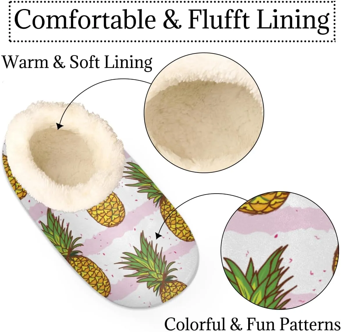 Golden Pineapple House Slippers for Women/Men, Non-Slip House Slipper Socks, Plush Lined Slippers Shoes for Boys Girls Teens Indoor Bedroom (Pink Stripes Fruit)