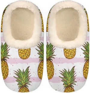 Golden Pineapple House Slippers for Women/Men, Non-Slip House Slipper Socks, Plush Lined Slippers Shoes for Boys Girls Teens Indoor Bedroom (Pink Stripes Fruit)