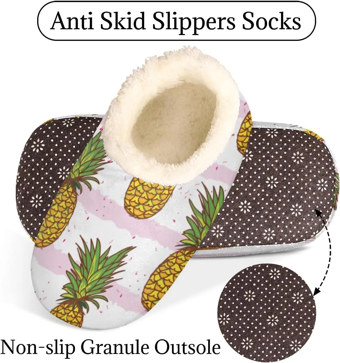 Golden Pineapple House Slippers for Women/Men, Non-Slip House Slipper Socks, Plush Lined Slippers Shoes for Boys Girls Teens Indoor Bedroom (Pink Stripes Fruit)