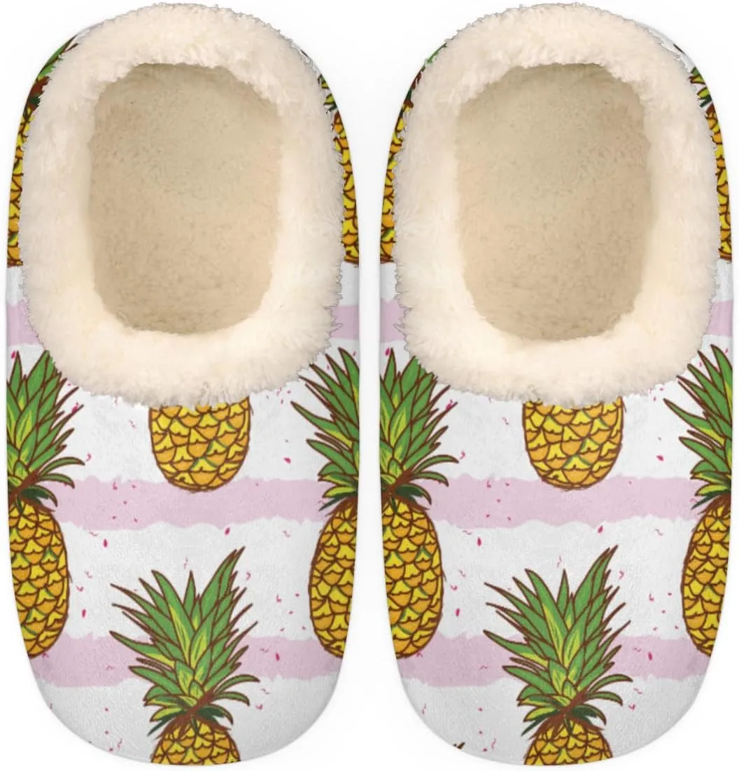 Golden Pineapple House Slippers for Women/Men, Non-Slip House Slipper Socks, Plush Lined Slippers Shoes for Boys Girls Teens Indoor Bedroom (Pink Stripes Fruit)