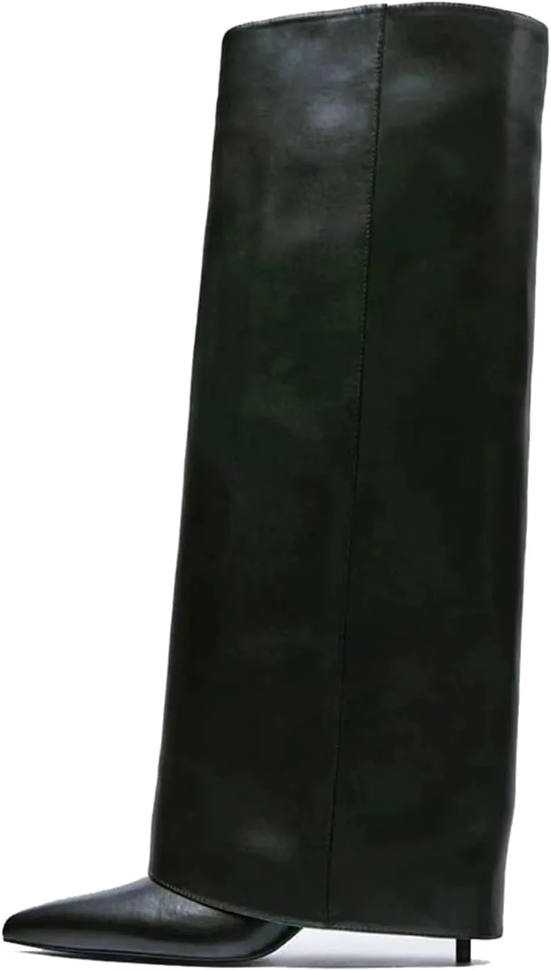 Goolita Women's Stiletto Heel Knee High Boots Pointed Toe Slip On Fold Over Boots For Women Sewing Leather Comfy Dress Boots