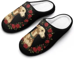 Greyhound Dog Rose Wreath Comfort Womens Cotton Slippers Winter Warm Slip-on House Shoes For Home Office Hotel