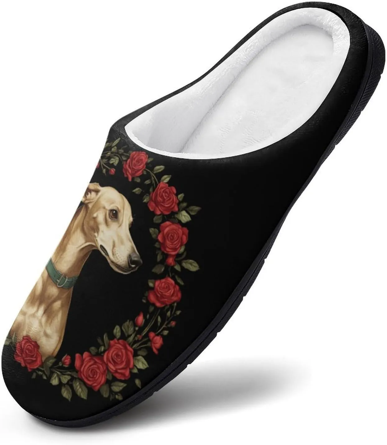 Greyhound Dog Rose Wreath Comfort Womens Cotton Slippers Winter Warm Slip-on House Shoes For Home Office Hotel