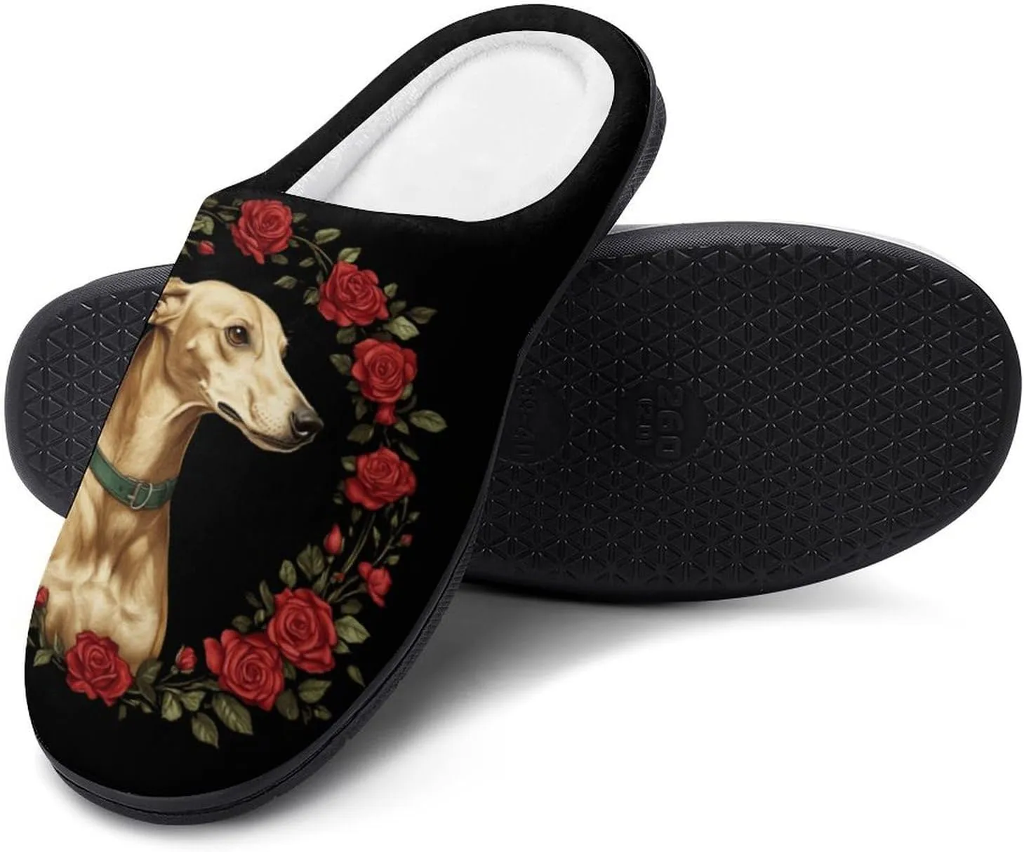 Greyhound Dog Rose Wreath Comfort Womens Cotton Slippers Winter Warm Slip-on House Shoes For Home Office Hotel