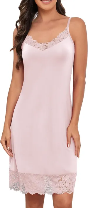 H HIAMIGOS Women's Full Slips Adjustable Spaghetti Strap Lace Cami Slip Dress Satin Chemise Sexy V Neck Nightgown