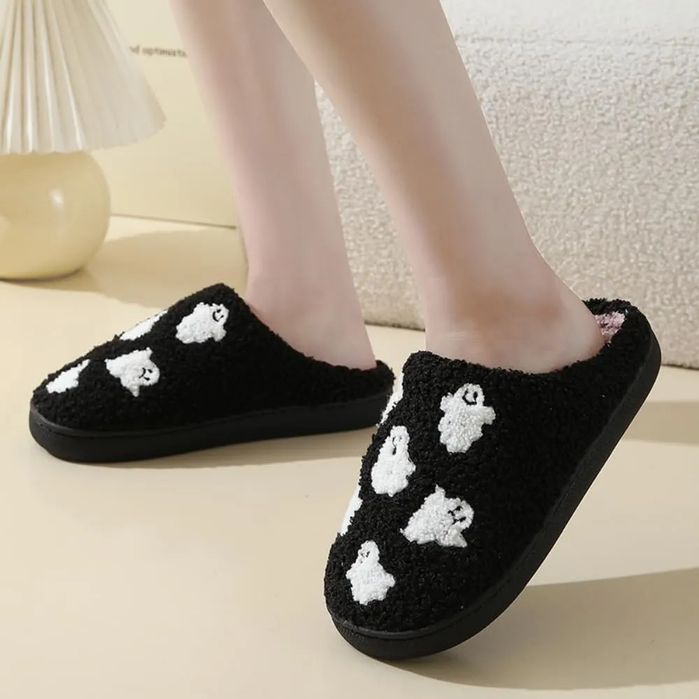 Halloween Slippers for Women Retro Soft Cozy Comfy Plush Lightweight Ghost Face Slip-on Indoor Outdoor Scream Slip on Anti-Skid Sole Christmas House Shoes