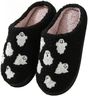 Halloween Slippers for Women Retro Soft Cozy Comfy Plush Lightweight Ghost Face Slip-on Indoor Outdoor Scream Slip on Anti-Skid Sole Christmas House Shoes