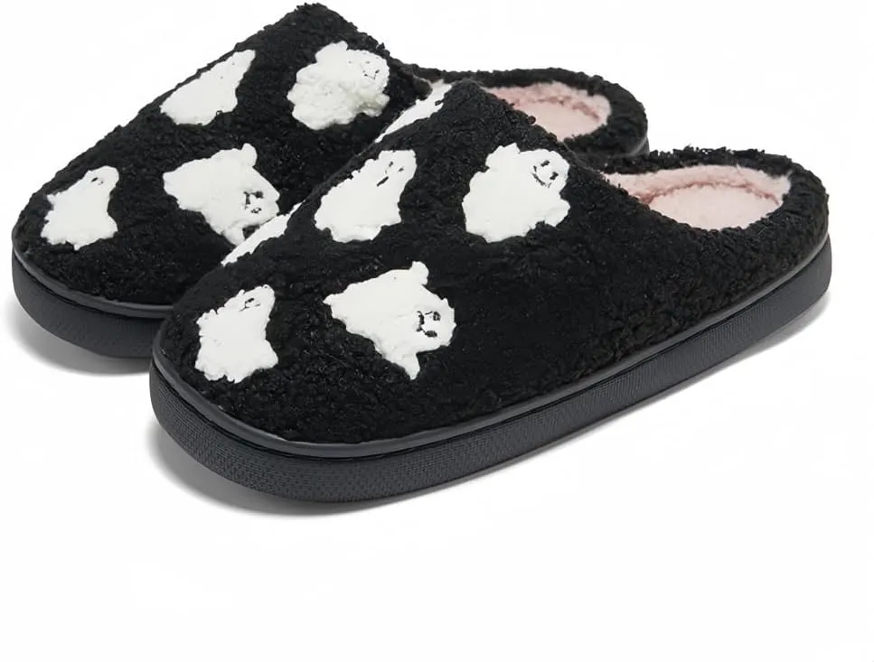 Halloween Slippers for Women Retro Soft Cozy Comfy Plush Lightweight Ghost Face Slip-on Indoor Outdoor Scream Slip on Anti-Skid Sole Christmas House Shoes