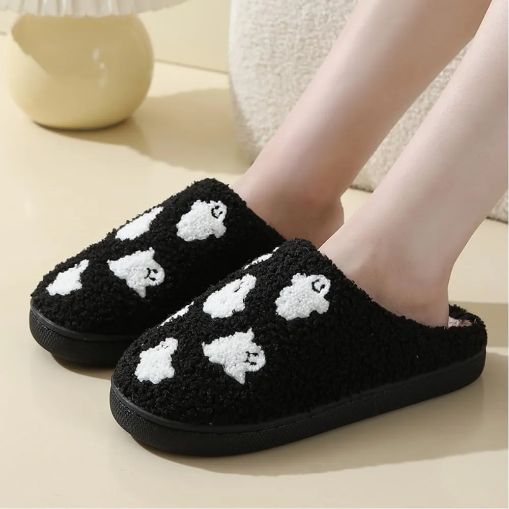 Halloween Slippers for Women Retro Soft Cozy Comfy Plush Lightweight Ghost Face Slip-on Indoor Outdoor Scream Slip on Anti-Skid Sole Christmas House Shoes