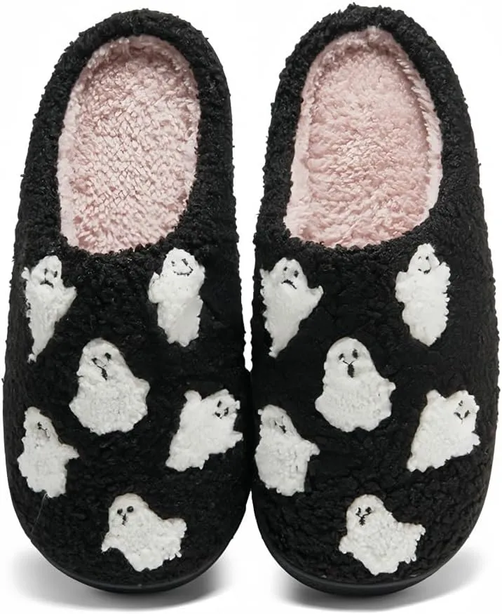 Halloween Slippers for Women Retro Soft Cozy Comfy Plush Lightweight Ghost Face Slip-on Indoor Outdoor Scream Slip on Anti-Skid Sole Christmas House Shoes