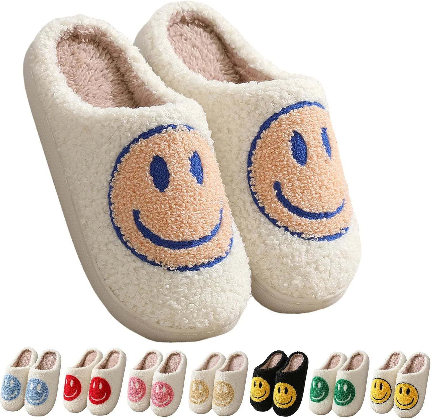 Happy Face Slippers Retro Cozy Comfy Plush Warm Slip-on Slippers Winter Soft Fuzzy Indoor House Shoes with Memory Foam for Men Women…