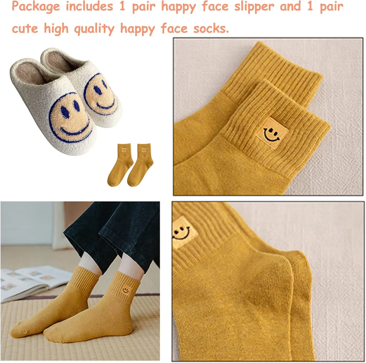 Happy Face Slippers Retro Cozy Comfy Plush Warm Slip-on Slippers Winter Soft Fuzzy Indoor House Shoes with Memory Foam for Men Women…