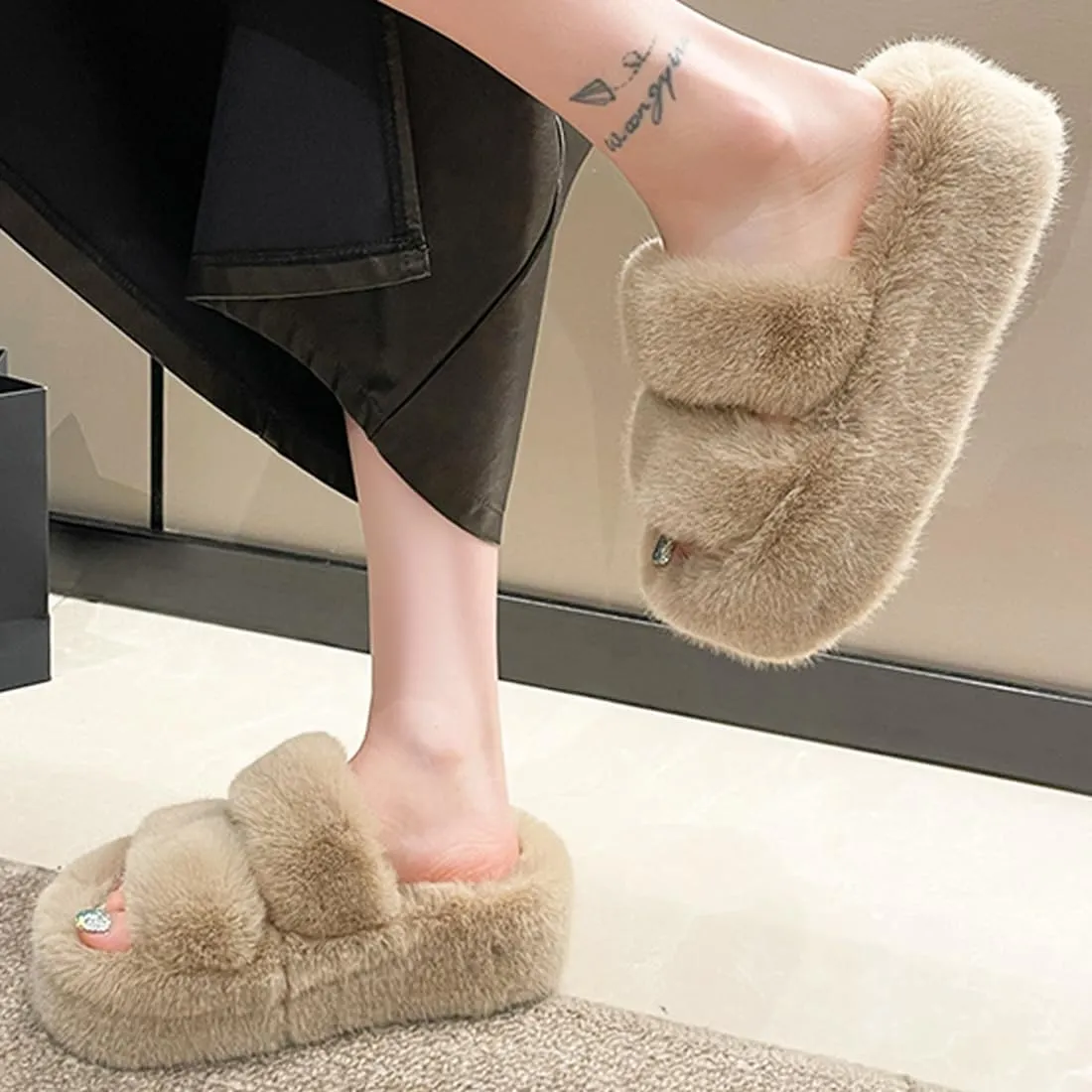 Harssidanzar Womens Fuzzy Comfy Faux Fur House Slippers Shoes,Furry Slides,Slip On Slipper For Women's KL505US
