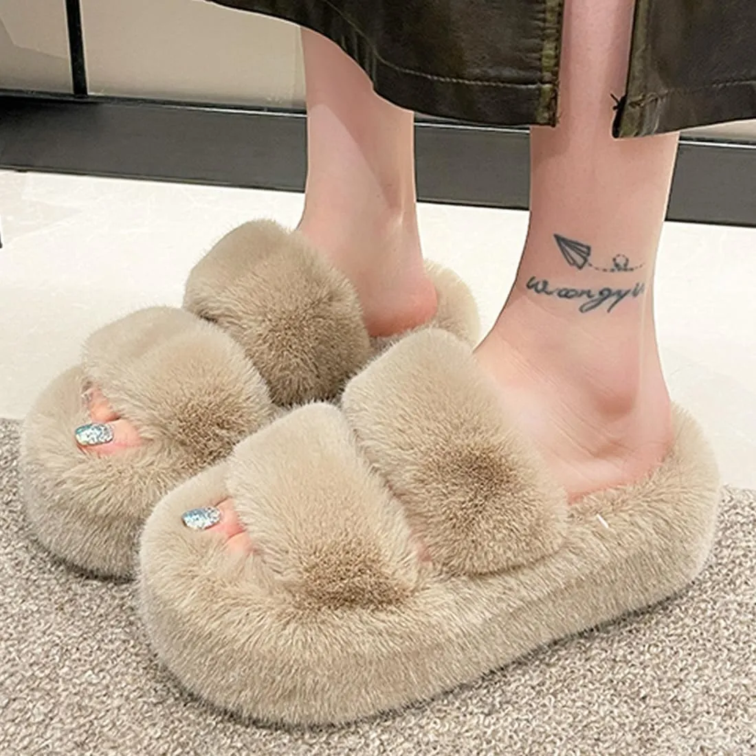 Harssidanzar Womens Fuzzy Comfy Faux Fur House Slippers Shoes,Furry Slides,Slip On Slipper For Women's KL505US