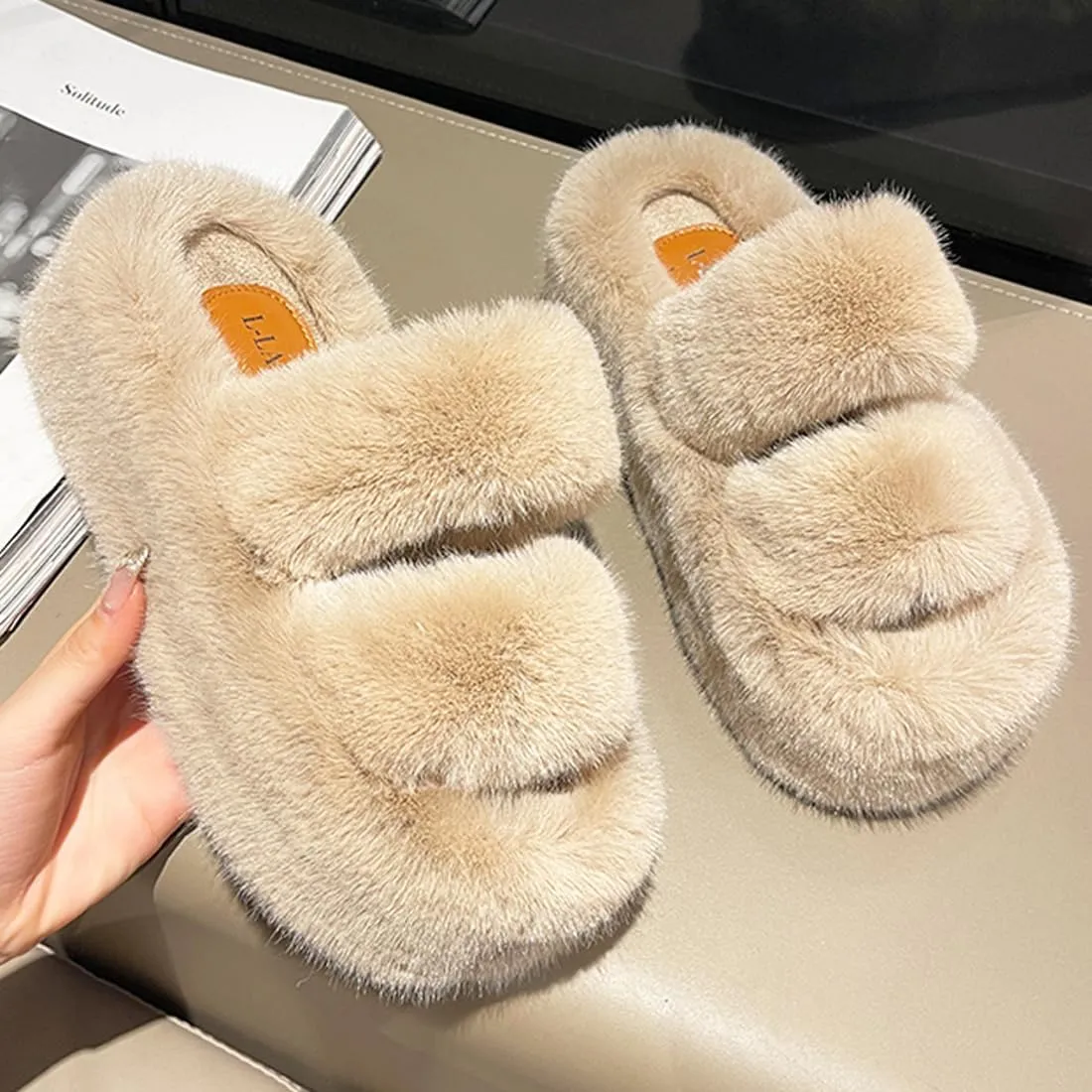 Harssidanzar Womens Fuzzy Comfy Faux Fur House Slippers Shoes,Furry Slides,Slip On Slipper For Women's KL505US
