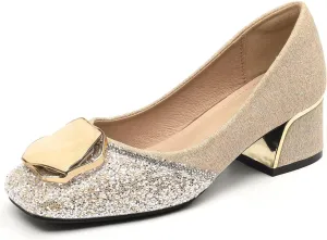 Hee grand Women's Round Toe Heeled Pumps Chunky High Heels Comfort Slip On Work Heels Sequins Dress Shoes Wide Feet Big Size