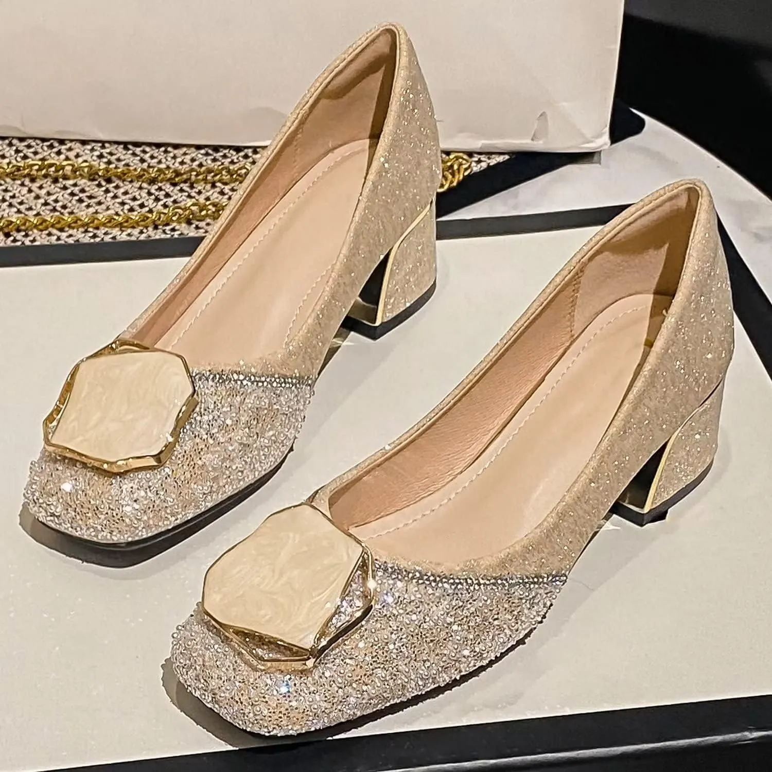 Hee grand Women's Round Toe Heeled Pumps Chunky High Heels Comfort Slip On Work Heels Sequins Dress Shoes Wide Feet Big Size