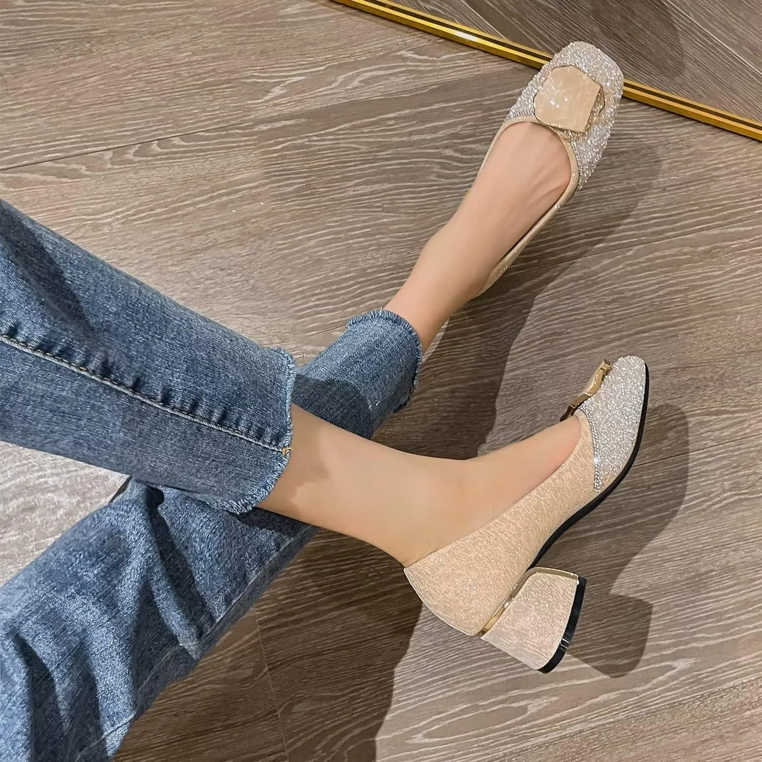 Hee grand Women's Round Toe Heeled Pumps Chunky High Heels Comfort Slip On Work Heels Sequins Dress Shoes Wide Feet Big Size