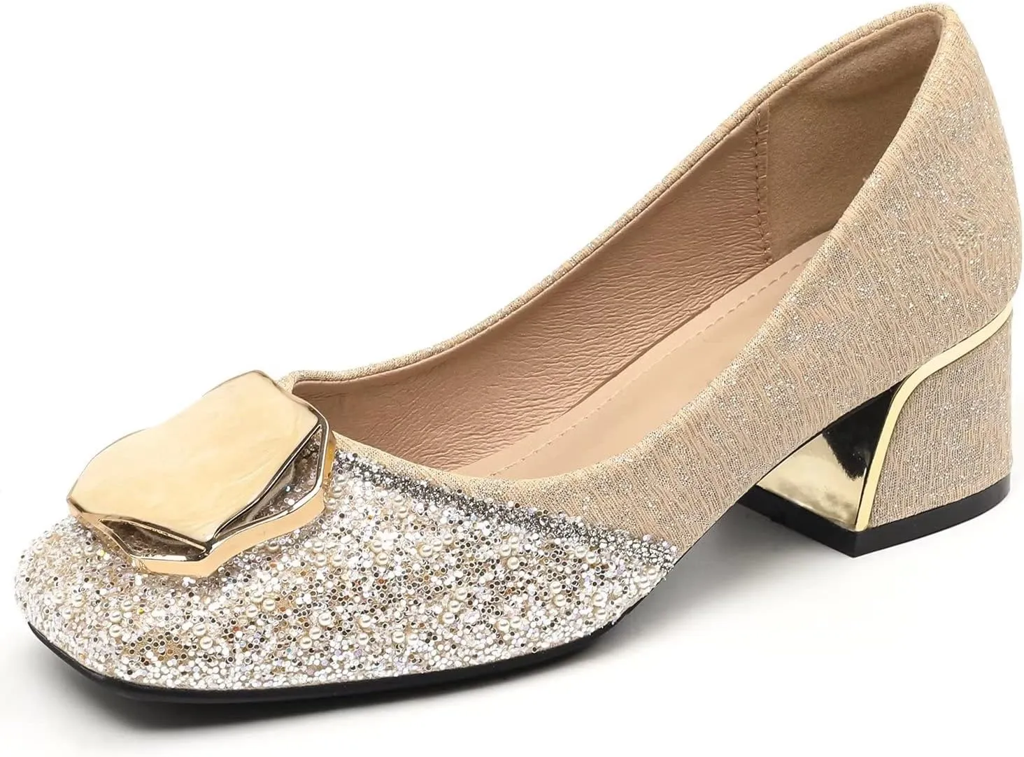 Hee grand Women's Round Toe Heeled Pumps Chunky High Heels Comfort Slip On Work Heels Sequins Dress Shoes Wide Feet Big Size