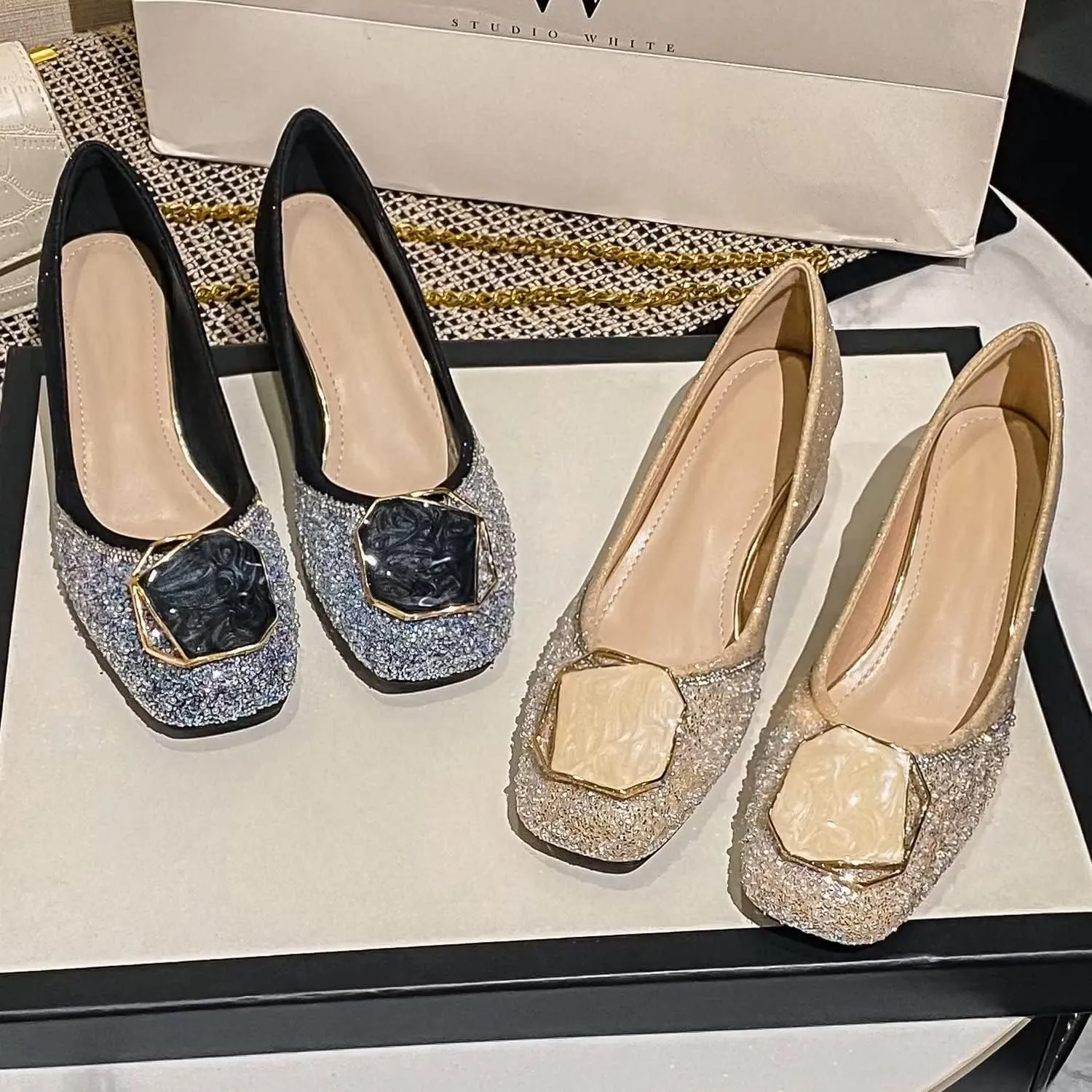 Hee grand Women's Round Toe Heeled Pumps Chunky High Heels Comfort Slip On Work Heels Sequins Dress Shoes Wide Feet Big Size