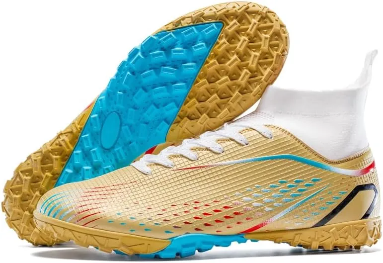 High Top Soccer Cleats, Professional Training Shoes, Non-Slip Rubber Sole, Water Resistant, Breathable Mesh Lining, Turquoise/Orange