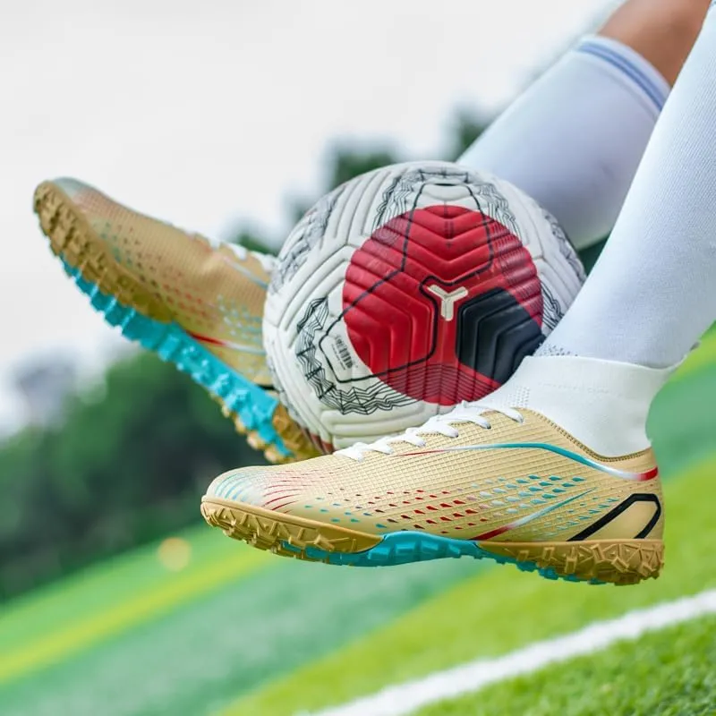 High Top Soccer Cleats, Professional Training Shoes, Non-Slip Rubber Sole, Water Resistant, Breathable Mesh Lining, Turquoise/Orange