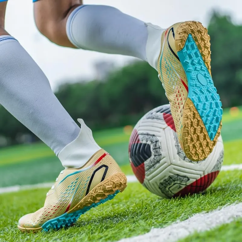 High Top Soccer Cleats, Professional Training Shoes, Non-Slip Rubber Sole, Water Resistant, Breathable Mesh Lining, Turquoise/Orange