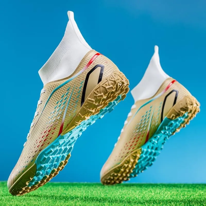 High Top Soccer Cleats, Professional Training Shoes, Non-Slip Rubber Sole, Water Resistant, Breathable Mesh Lining, Turquoise/Orange